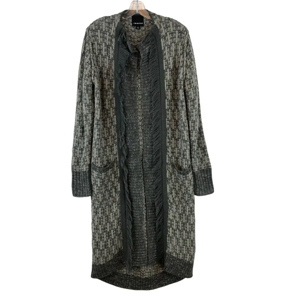 Trouve Gray Acrylic Knit Fringe Trim Long Cardigan Duster Sweater Size Large